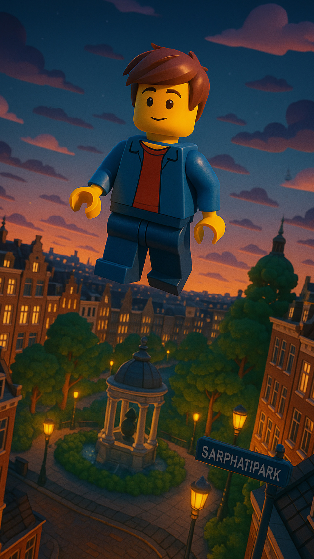 A figure floating over Sarphatipark at sunset
