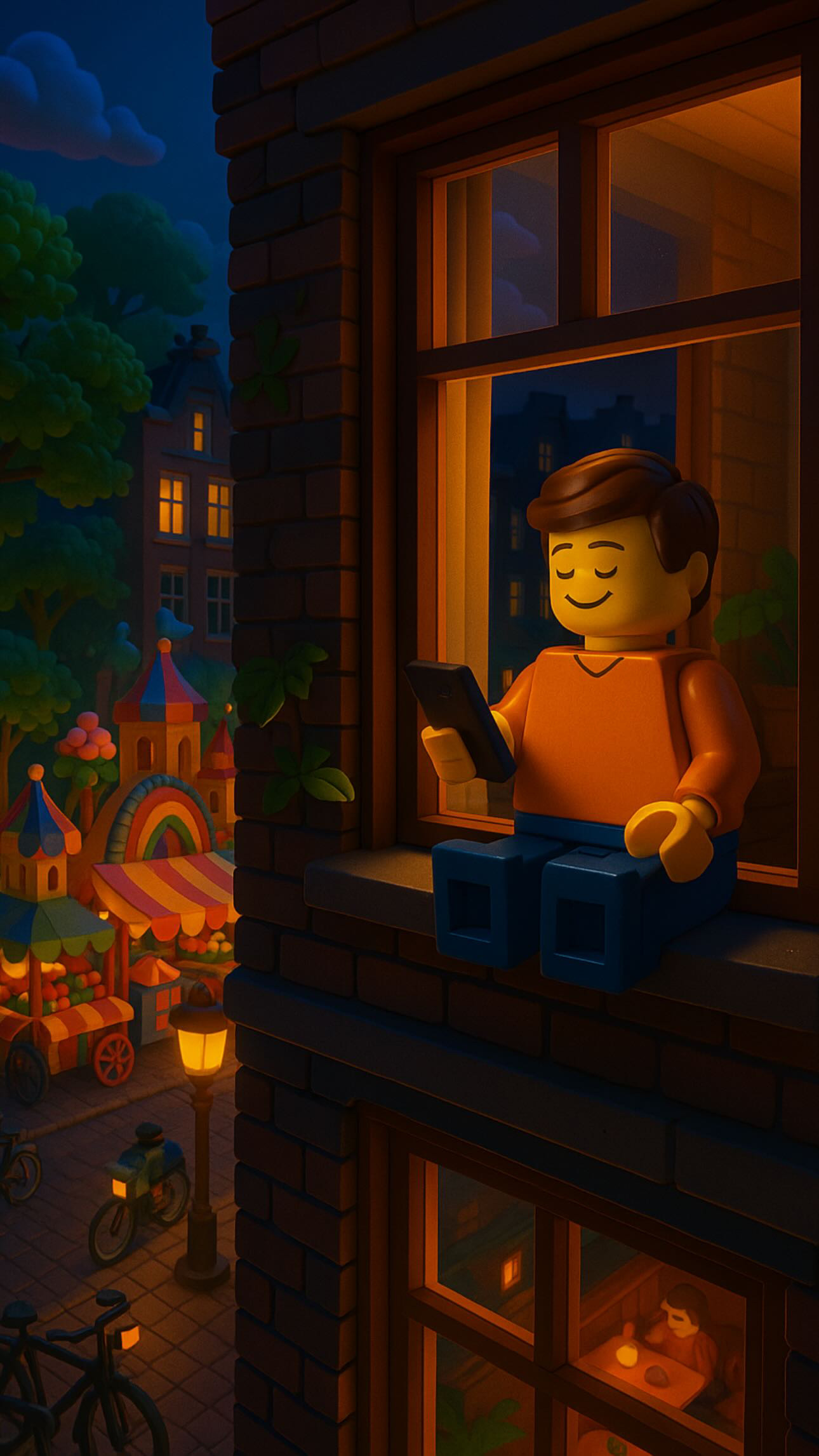 A figure sitting in a window at night